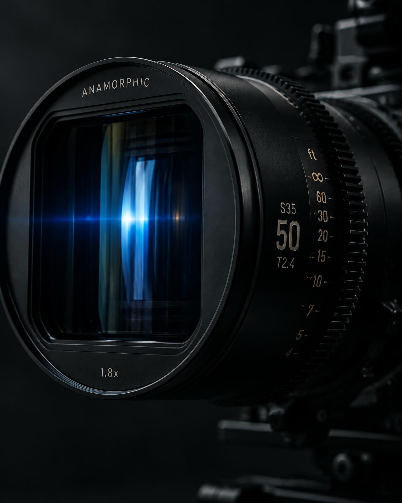 Close-up of an anamorphic cinema lens on a camera rig